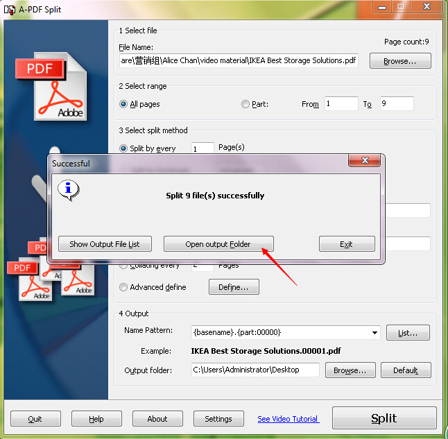 A-PDF Split: сообщение Successful после разделения PDF